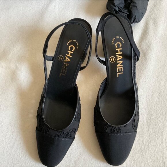 Authentic New CHANEL Interlocking LACE black Slingback Pumps heels SZ36 US5.5 - Picture 5 of 8